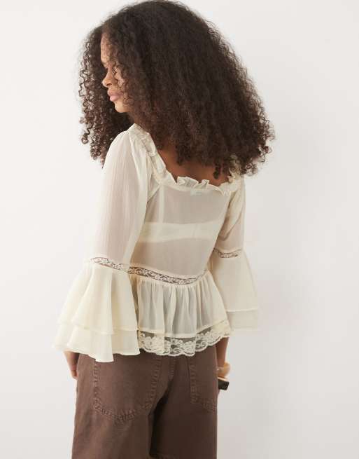 Miss Selfridge - blusa de gasa y encaje en blanco antiguo, 3 de 4