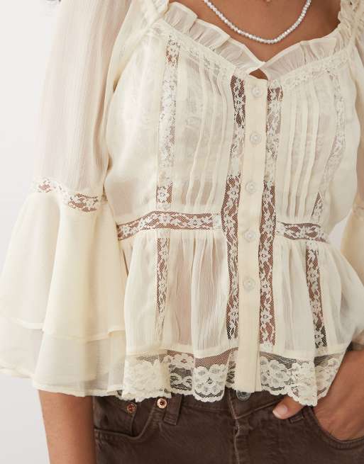 Miss Selfridge - blusa de gasa y encaje en blanco antiguo, 4 de 4