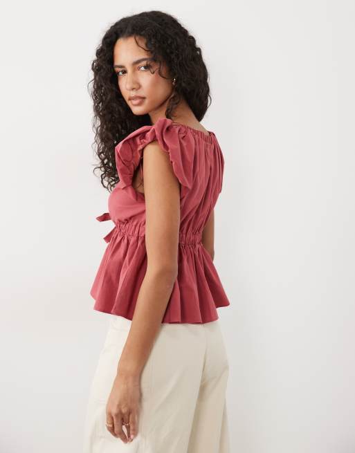 Miss Selfridge - blusa de manga abullonada en rojo, 4 de 4
