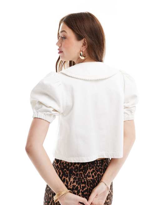 Miss Selfridge - Blusa di jeans bianca con volant sul colletto, 3 di 4