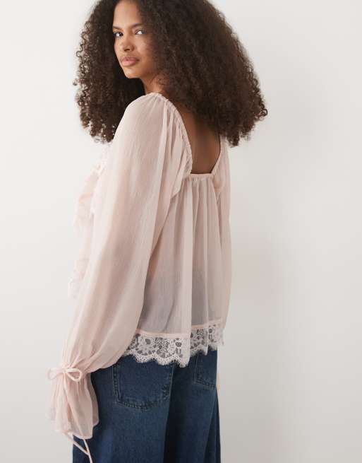 Miss Selfridge - Blusa in chiffon e pizzo rosa confetto, 3 di 4