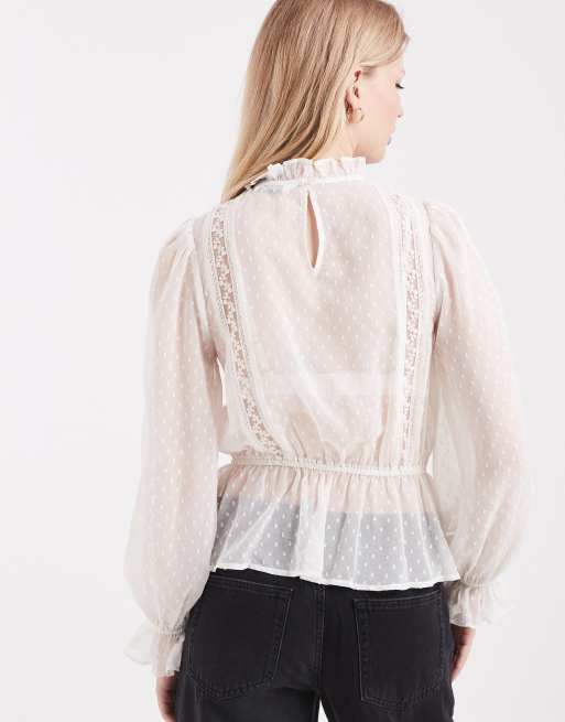 Miss Selfridge - Blusa in chiffon écru con ricami stile vittoriano, 4 di 4