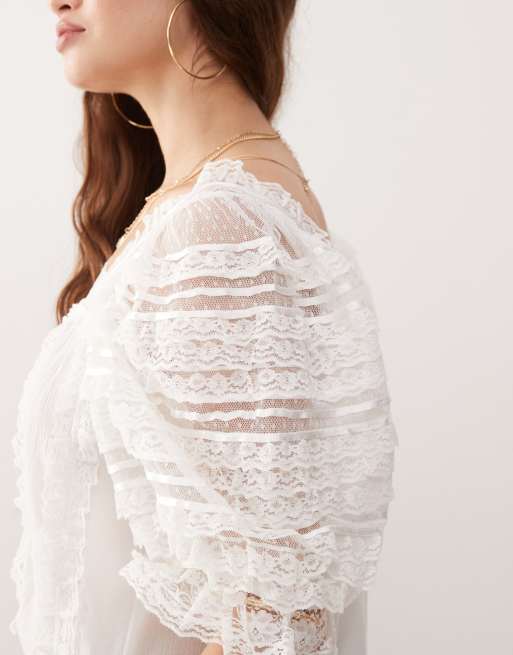 Miss Selfridge - Blusa in misto pizzo e uncinetto color panna, 2 di 4