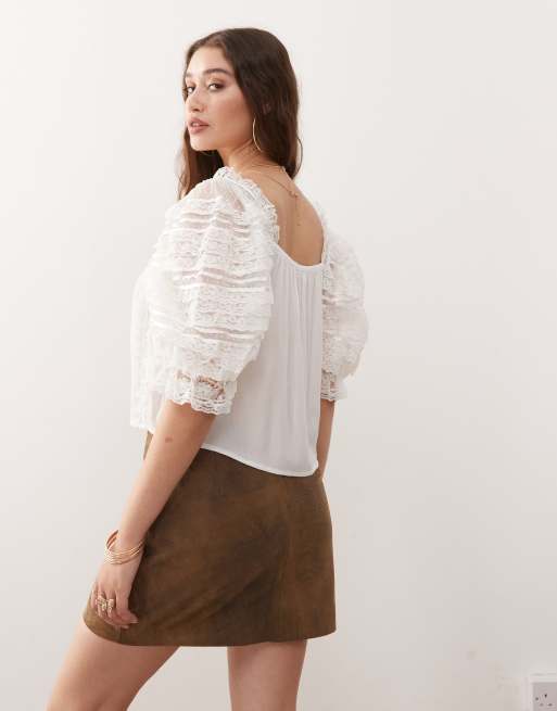 Miss Selfridge - Blusa in misto pizzo e uncinetto color panna, 4 di 4