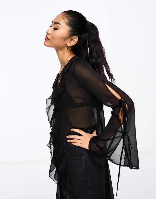 Miss Selfridge - Blusa lunga in chiffon trasparente con volant e allacciatura sul davanti nera, 3 di 4