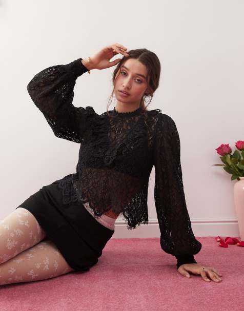 Miss Selfridge - Blusa nera in pizzo stile vittoriano - view 1