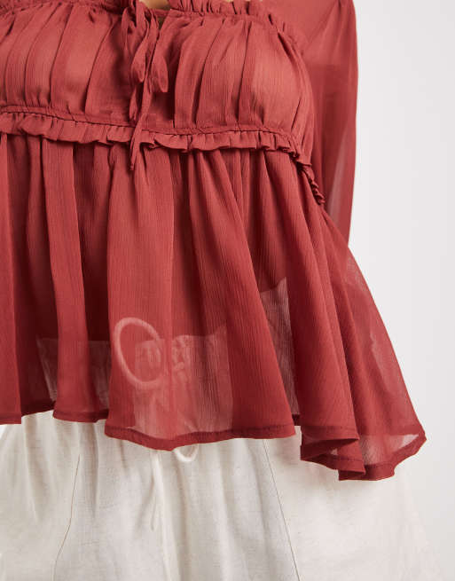 Miss Selfridge - Blusa rossa in chiffon con arricciatura sul busto, 3 di 4