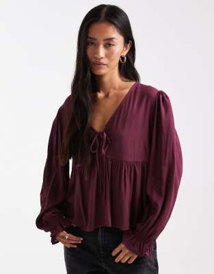 Miss Selfridge - Bluse in Feige mit Schößchen und gebundener Vorderseite-Lila