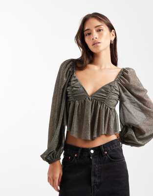 Miss Selfridge - Bluse in Gold mit Puffärmeln-Goldfarben