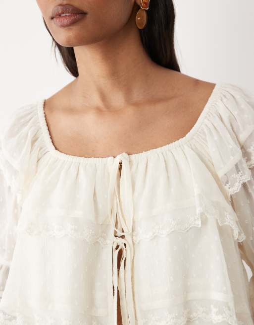 Miss Selfridge - Bluse med bindebånd foran i dobby-stof, 3 af 4
