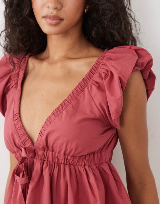 Miss Selfridge bluse med pufærmer i rød, 3 af 4