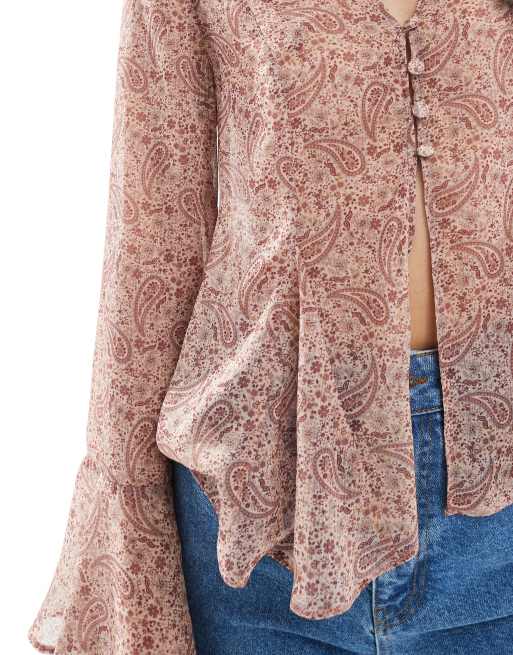 Miss Selfridge - Bluse med ærmer med svaj, knapper og paisley-mønster i chiffon, 3 af 4