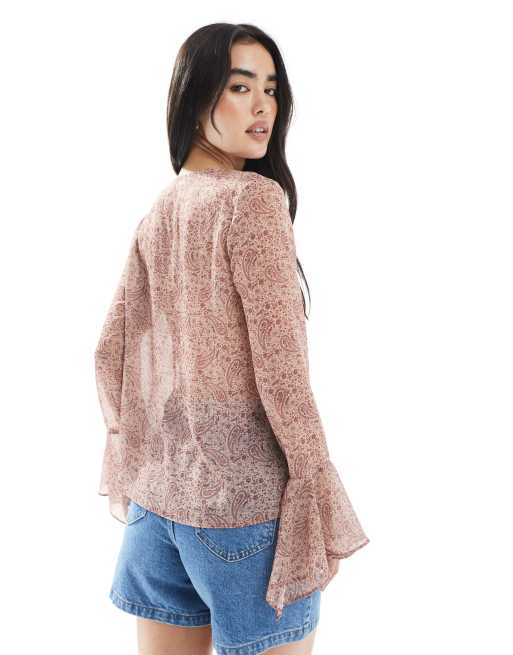 Miss Selfridge - Bluse med ærmer med svaj, knapper og paisley-mønster i chiffon, 4 af 4