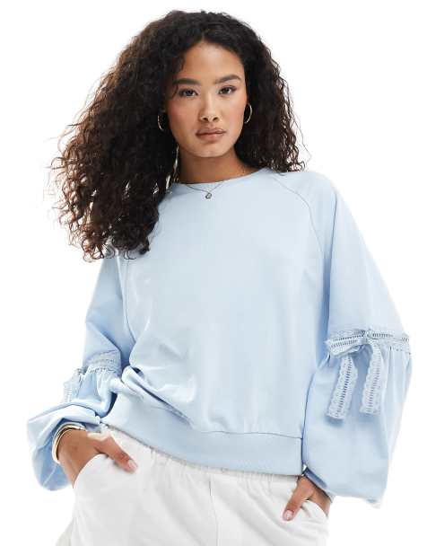 Miss Selfridge balloon sleeve bow sweatshirt in dusty blue