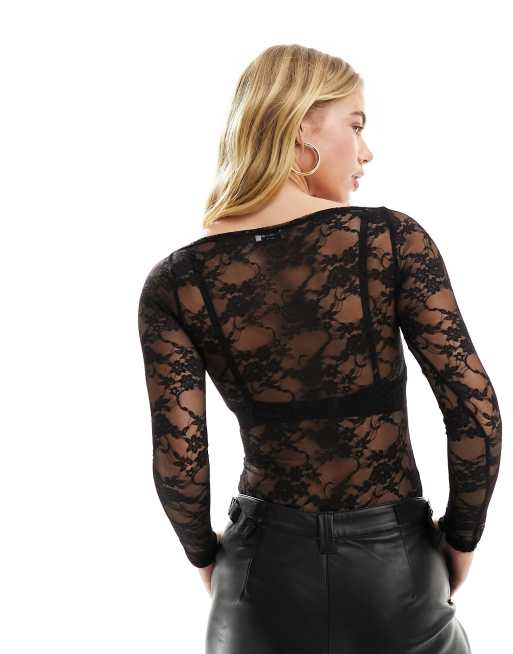 Miss Selfridge long sleeve sheer lace bodysuit in black