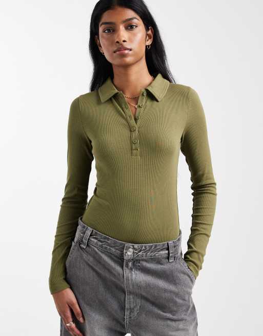 Miss Selfridge - Body à col polo et détail boutonné - Olive