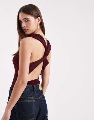 Body à détail torsadé au dos en tissu pailleté-Noir L