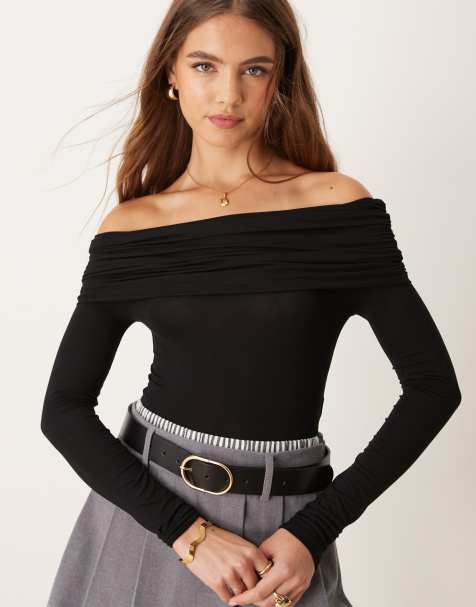 Miss Selfridge - Body à manches longues et encolure bardot - Noir - view 1