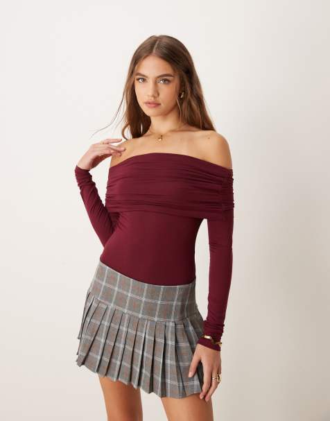 Miss Selfridge - Body a maniche lunghe bordeaux con scollo alla Bardot - view 1