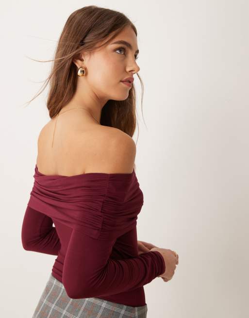 Miss Selfridge - Body a maniche lunghe bordeaux con scollo alla Bardot, 3 di 4