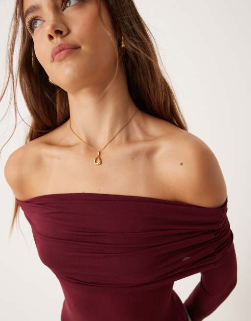 Miss Selfridge - Body a maniche lunghe bordeaux con scollo alla Bardot, 4 di 4