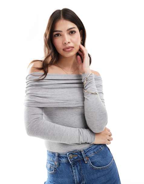 Miss Selfridge - Body a maniche lunghe grigio scuro mélange con scollo alla Bardot - view 1