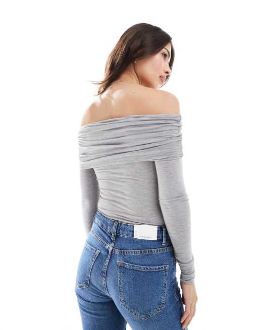 Miss Selfridge - Body a maniche lunghe grigio scuro mélange con scollo alla Bardot, 2 di 4
