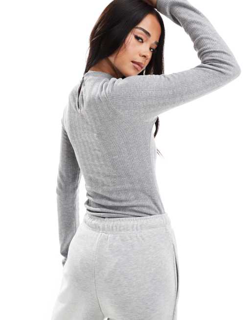 Miss Selfridge - Body accollato a maniche lunghe grigio mélange traforato, 4 di 4