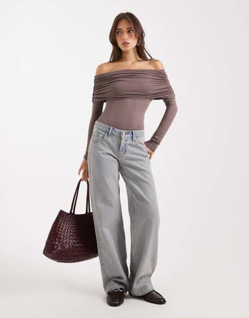 Miss Selfridge - Body avec encolure Bardot asymétrique - Champignon, 4 de 4