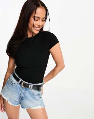 Miss Selfridge short sleeve ribbed bodysuit in black  - ASOS Price Checker