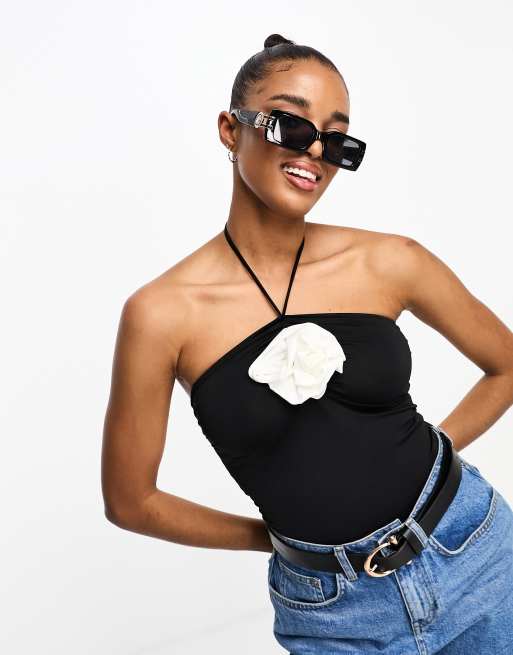 Miss Selfridge - Body dos nu style festival à grosse fleur - Noir et crème
