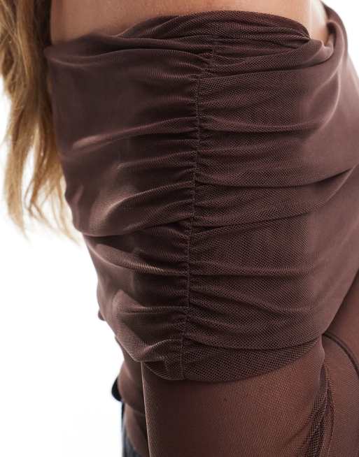 Miss Selfridge - Body en tulle avec encolure bardot - Chocolat, 3 de 4