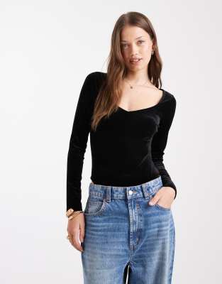 Body en velours avec encolure en caur-Noir 36