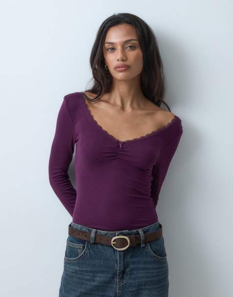 Miss Selfridge body froncé col V avec bordure en dentelle couleur figue - view 1