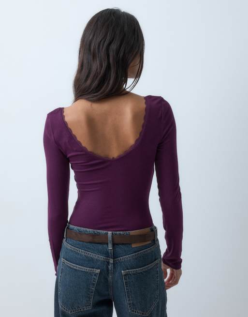 Miss Selfridge body froncé col V avec bordure en dentelle couleur figue, 3 de 5