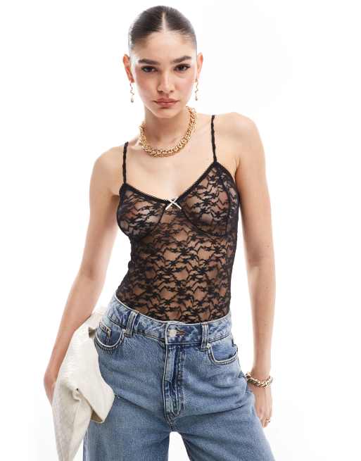 Miss Selfridge - Body in pizzo nero con spalline sottili