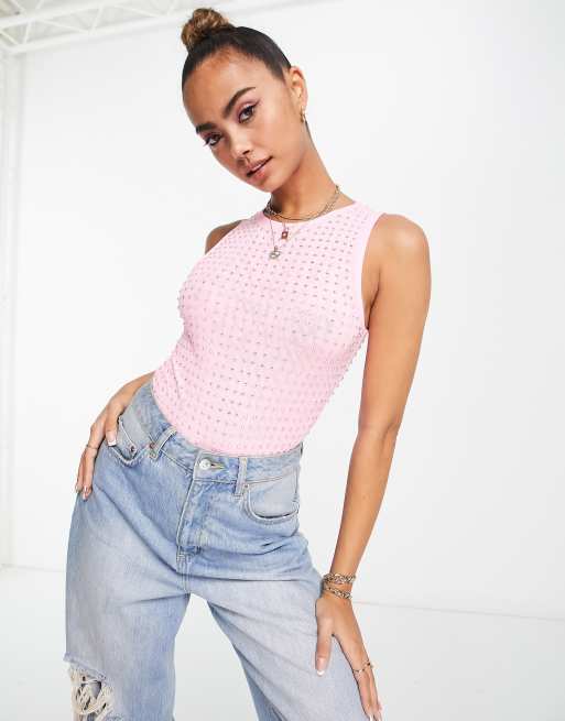Miss Selfridge – Body in Rosa mit Racer-Schnitt und ganzflächig geklebten Strasssteinen