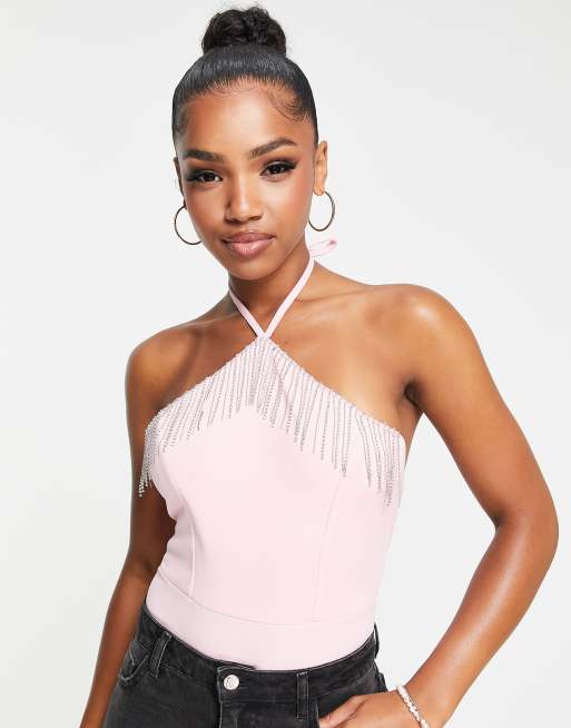 Miss Selfridge - Body met halter en afwerking met siersteentjes 