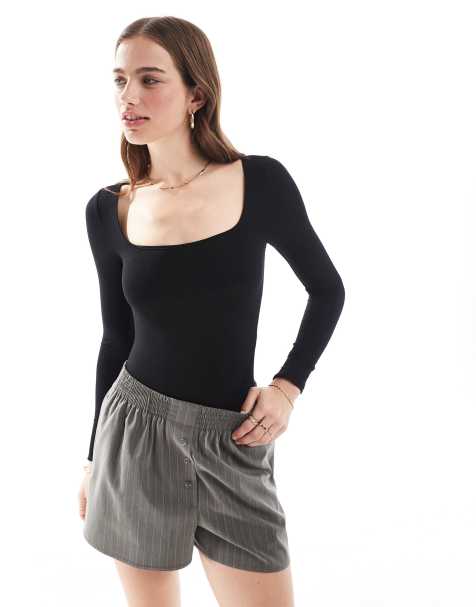 Miss Selfridge - Body met lange mouwen en vierkante hals in zwart - view 1