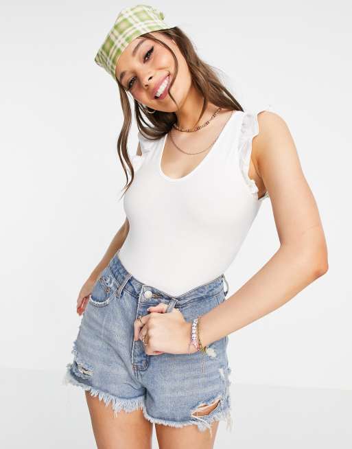 Miss Selfridge - Body met ruches langs de mouwen in wit