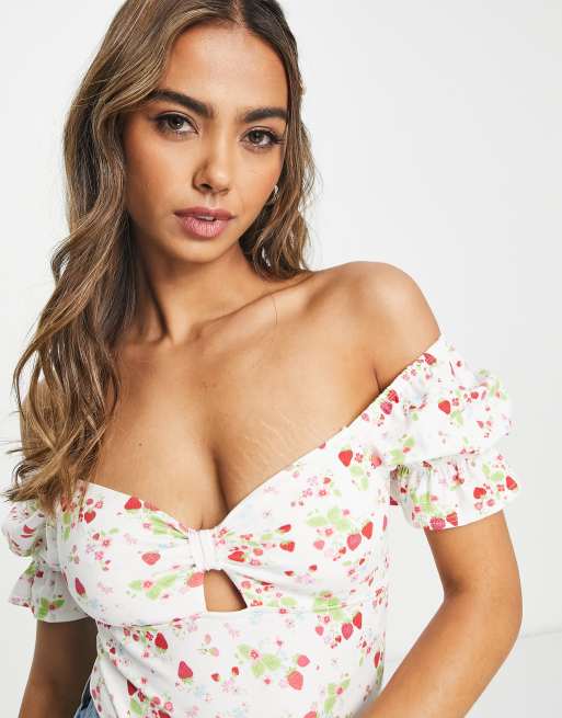 Miss Selfridge - Body multicolore con scollo Bardot a fiocco  