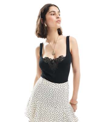Miss Selfridge - Body nero con inserto in pizzo - view 1