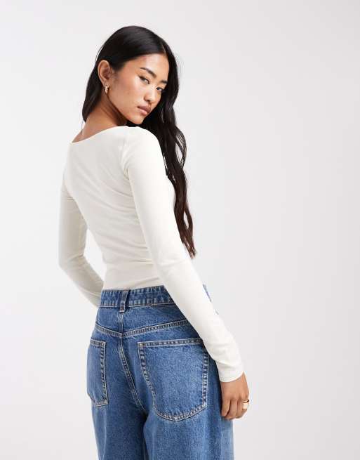 Miss Selfridge - Body sagomato color crema con scollo a barchetta, 3 di 4