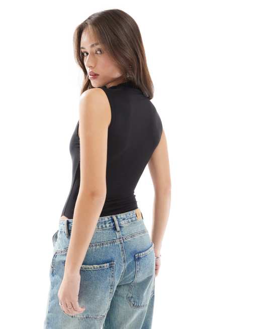 Miss Selfridge Body sans manches à épaules plissées Noir ASOS