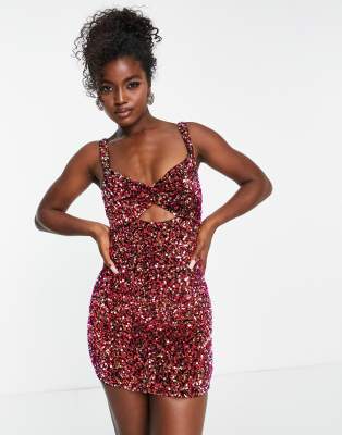 Miss Selfridge - Bodycon-Minikleid in Rot mit Pailletten und breiten Trägern