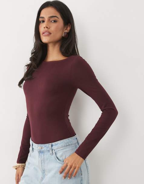 Miss Selfridge bodystocking med blød overflade og bådudskæring i plum - view 1
