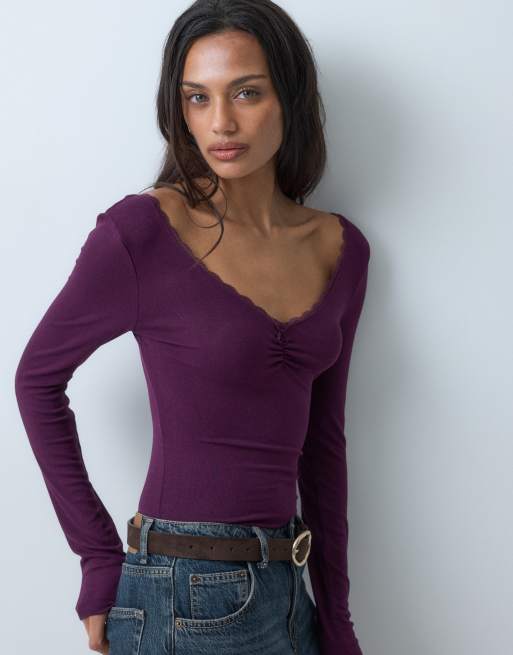Miss Selfridge bodystocking med rynkedetalje, v-hals og blondedetaljer i fig, 5 af 5
