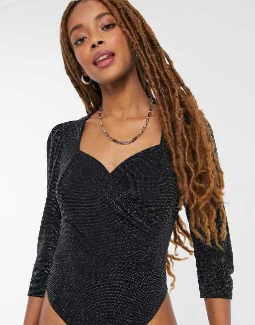 Miss Selfridge – Bodysuit mit Sweetheart-Ausschnitt und Wickeldesign in Silber, 4 von 4