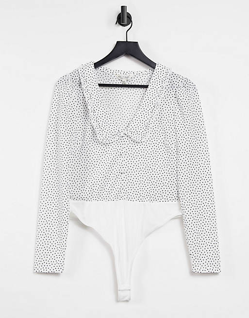 Miss Selfridge bodysuit with ruffle detail in white polka dot