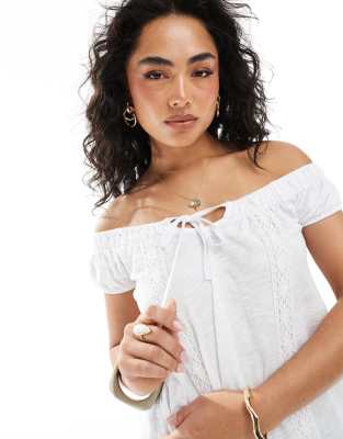 Miss Selfridge Boho Lace Trim Jersey Blouse In White